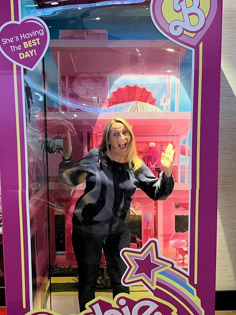 Kate Bowden Smith in a Barbie box - Barbie movie PR blog